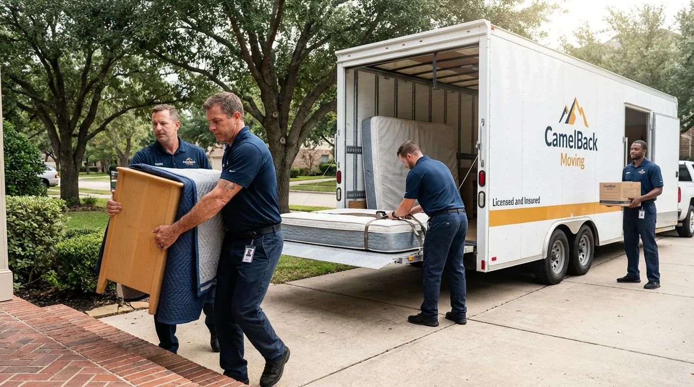 Crew loading residential truck for cross-state move from Manila, AR