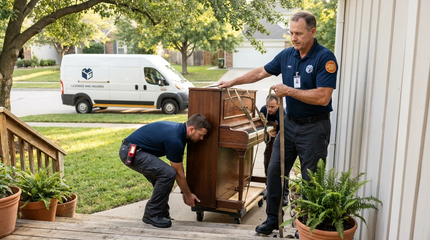 Licensed piano movers securing grand piano in Manila, AR