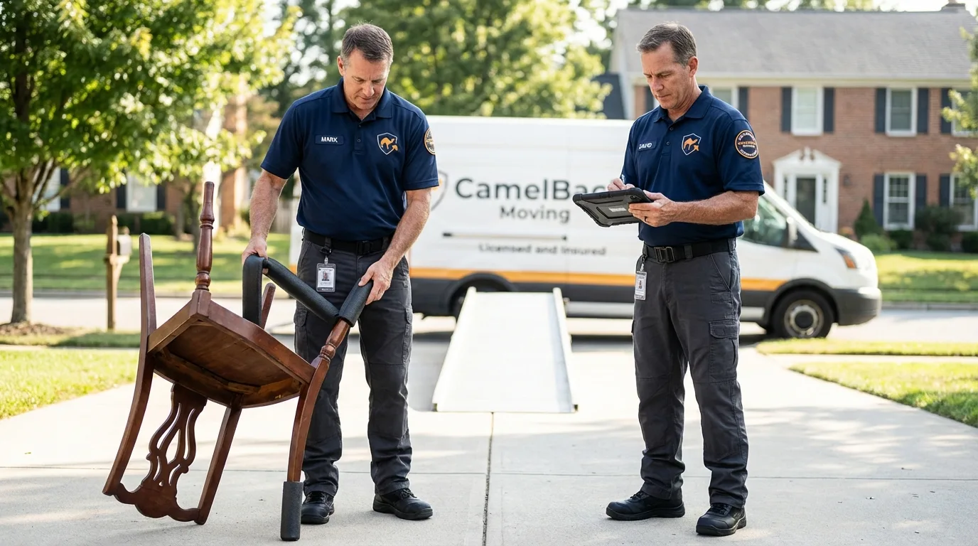 Movers inspecting furniture for damage prevention before loading in Manila, AR