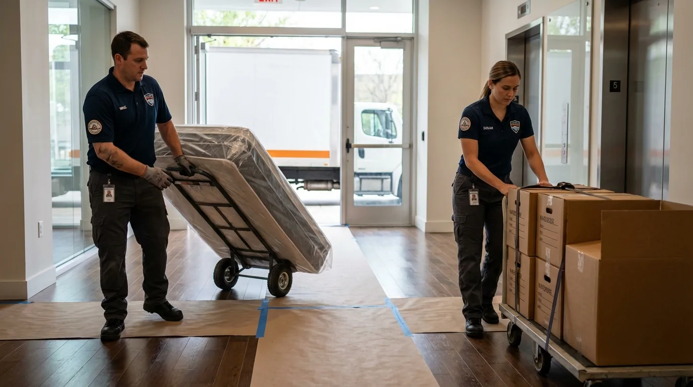 Professional apartment movers loading elevator in Manila, AR