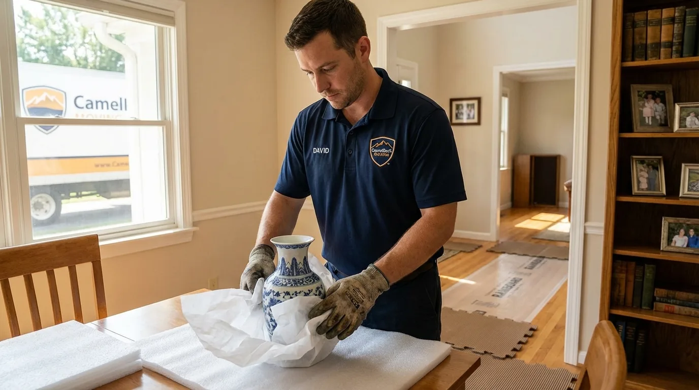 Professional crew carefully wrapping antique vase for senior downsizing move in Manila, AR